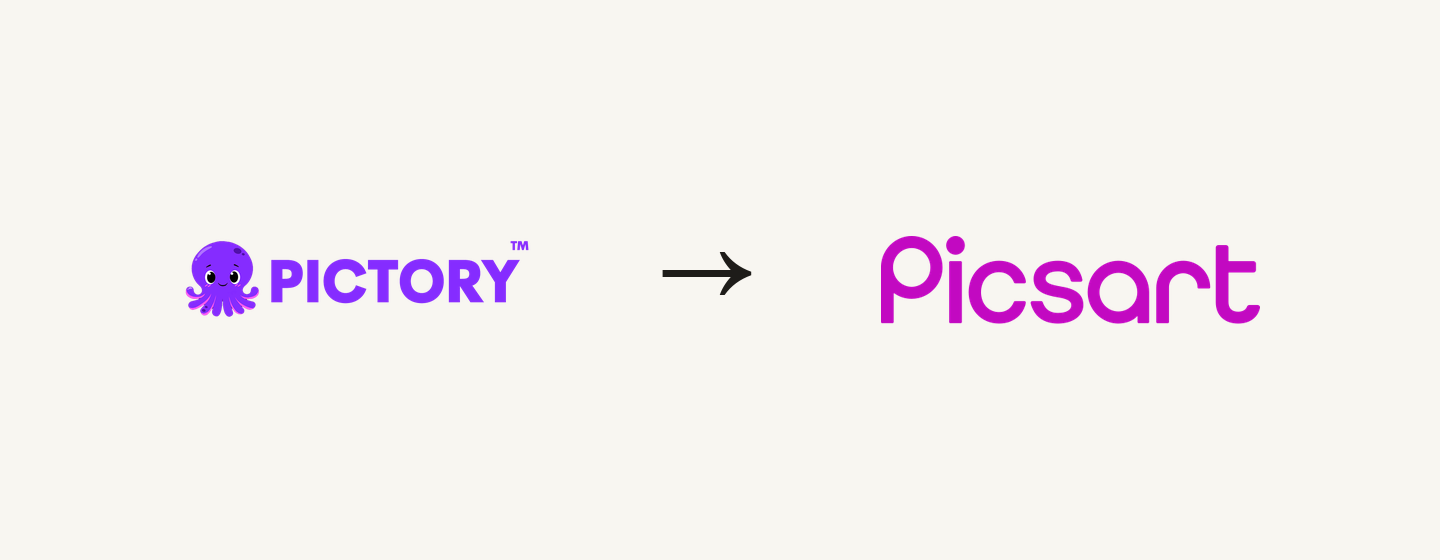 Pictory logo with arrow pointing to Picsart logo