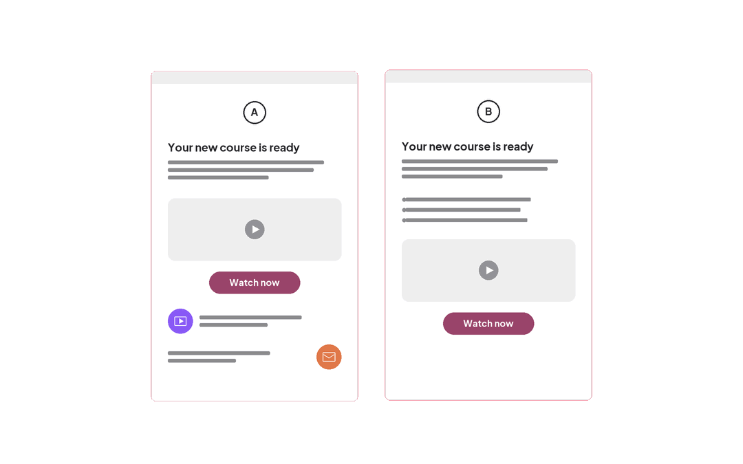 Email A/B variants side by side — B dims as A is highlighted